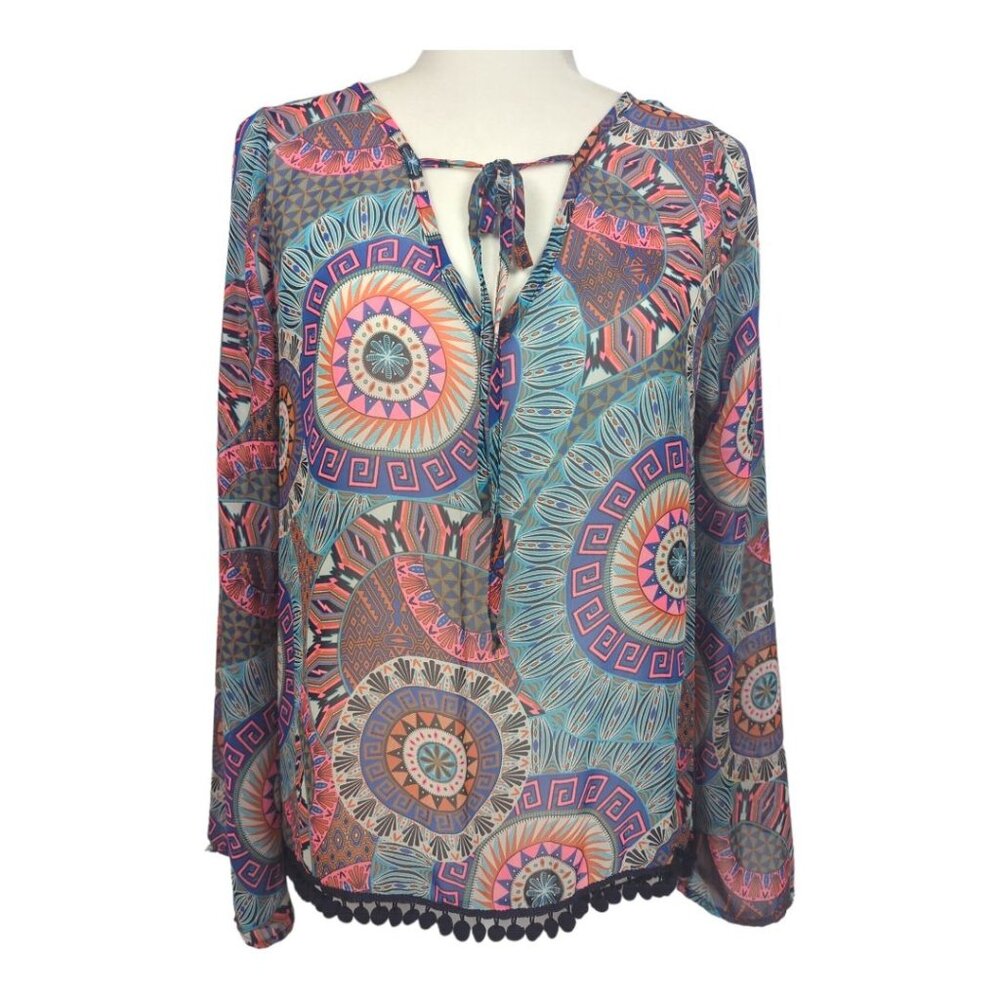 Vintage Havana Sheer Pompom Long Sleeve High Low Tunic Size Medium
